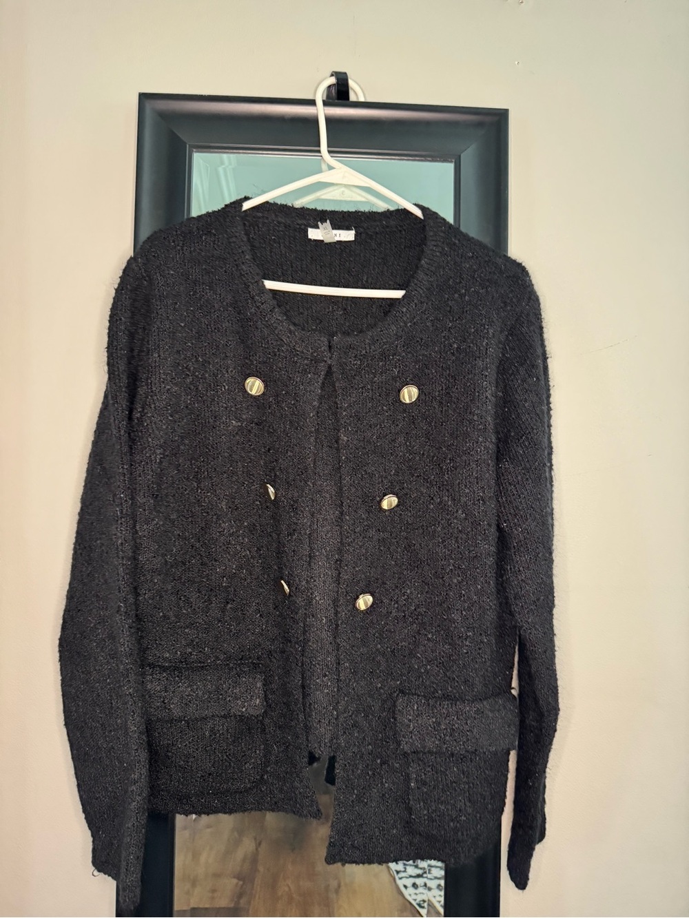 Sioni Black Plush Knit Cardigan with Gold Buttons